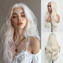 White Wigs for Women Long Wavy Wigs with Blonde Highlight 28 inch Middle Part Curly Wig Natural Looking Synthetic Wigs Thick Soft Long White Wig Hair Replacement Wigs for Daily Party Costume Use