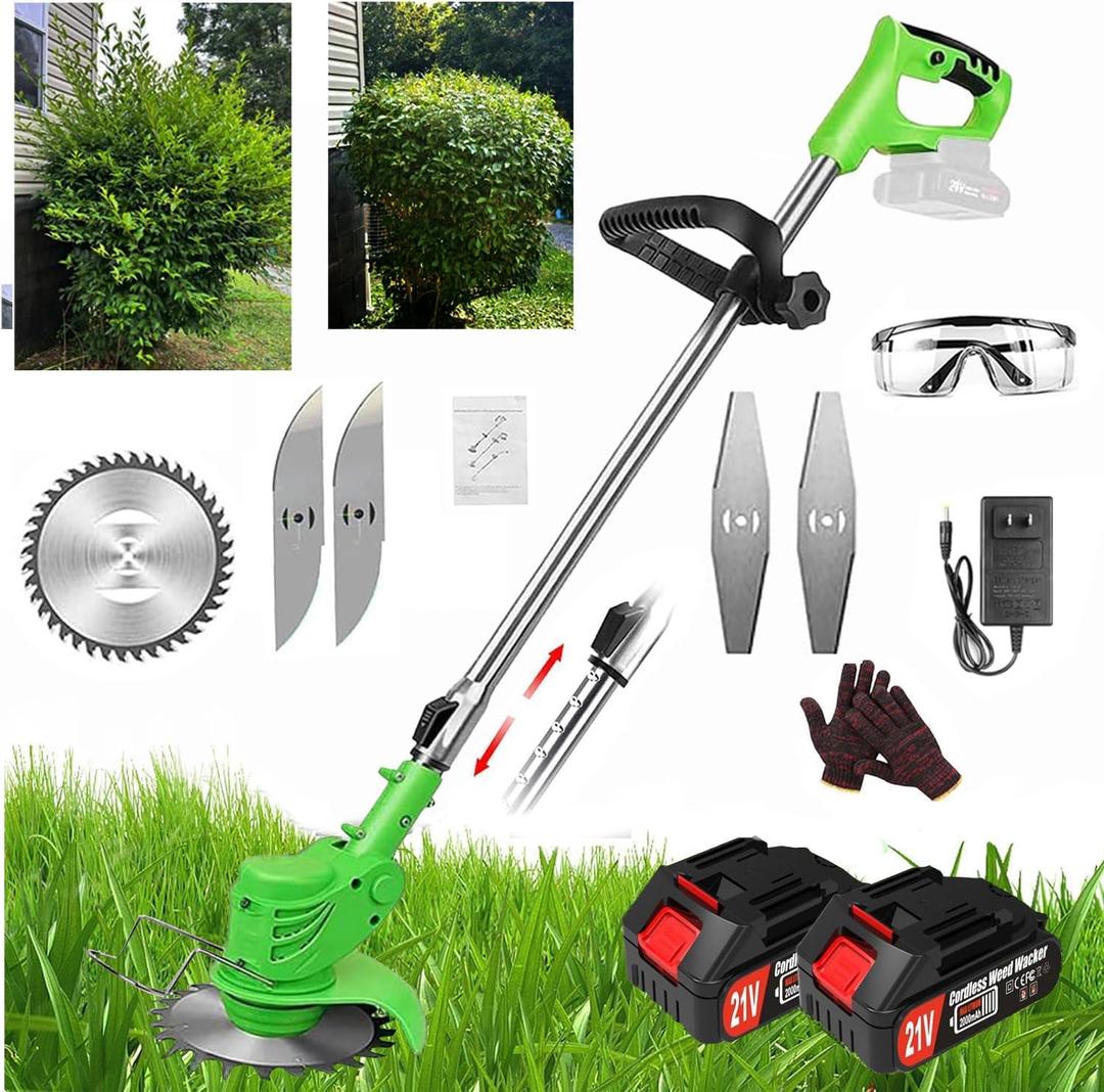 Cordless Wacker Weed, 21v/2Ah Weed Eater Battery Powered,Battery Wacker Weed with 3 Types Blades, Brush Cutter for Yard Garden (green)