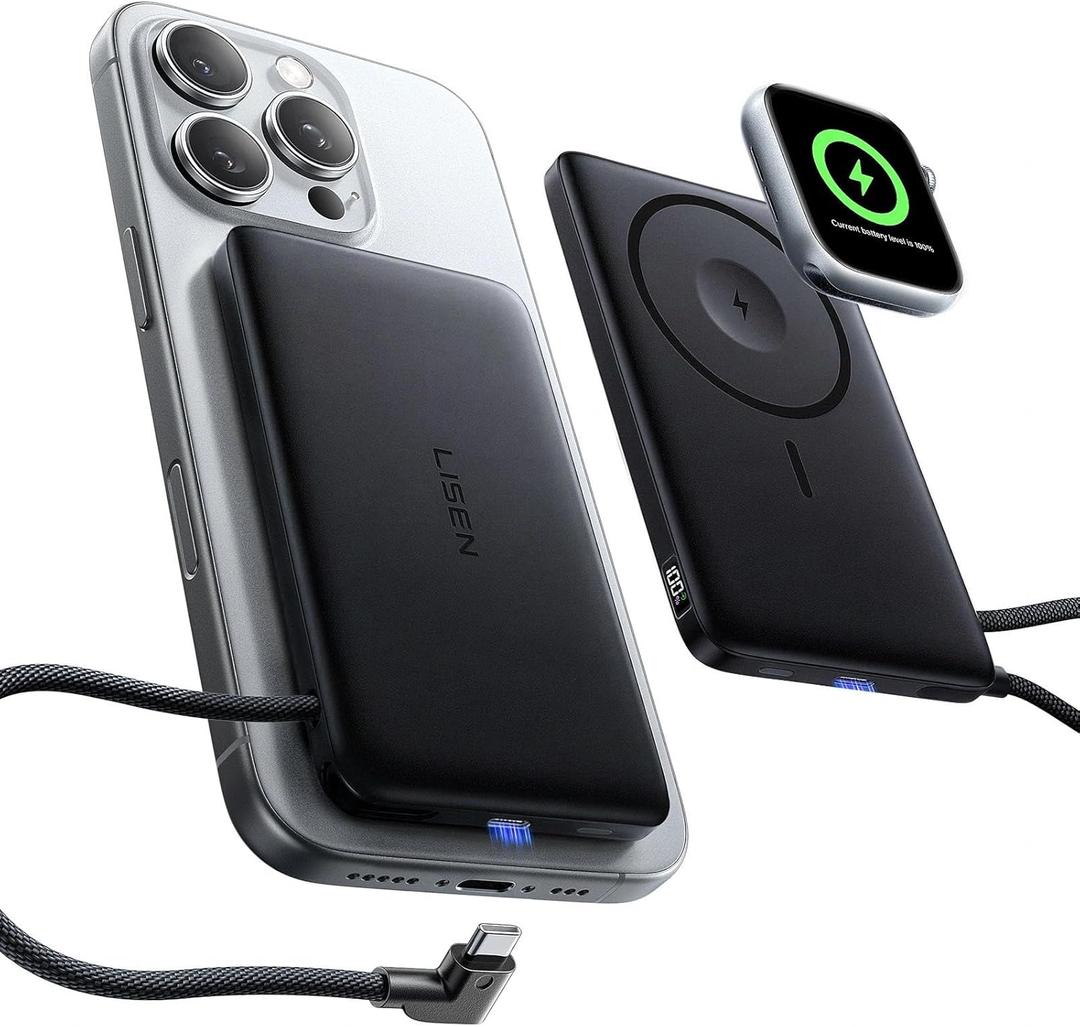LISEN 0.5'' Ultra Slim MagSafe Power Bank for iPhone and Apple Watch,10000mAh MagSafe Battery Pack,Alloy Magnetic Portable Charger for iPhone 16 Pro Max Plus/15, Apple Watch S11 /S10 S9 SE, Black