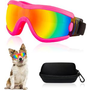 Dog Goggles Small Breed Dog Sunglasses with Adjustable for UV Protection Eyewear Doggy Doggie Puppy Glasses Anti-Fog Wind Dust Snowproof (Pink Frame Red Lens)