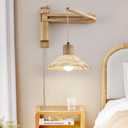 Wood Plug in Wall Sconces, Swing Arm Wall Lamp with Dimmable On Off Switch, Vintage Wall Mounted Light Fixture with Cord for Bedroom Nightstand Bedside Reading Lamp - Bulb Included (Bamboo + Natural Wood)