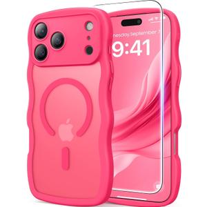 DOMAVER for iPhone 17 Pro Max Case for Women, 1X Screen Protector+1X Wrist Strap, [Compatible with MagSafe] [Full Camera Protection] Cute Wave Matte Phone Case for iPhone 17 Pro Max, Hot Pink