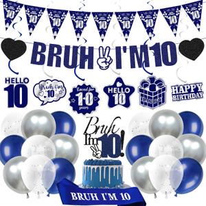 10th Birthday Decorations Banner Boys - 28 Pcs Blue Bruh I'M 10 Pre-Strung Banners Hanging Swirls Latex Balloons Sash Cake Topper Set for Kids 10 Year Old Boy Party Decor Supplies