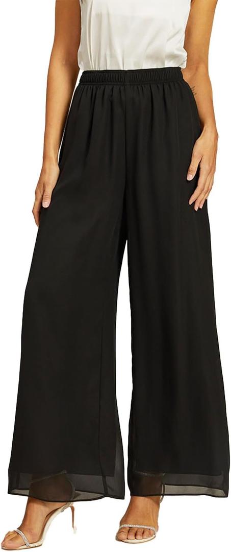 Women's Wide Leg Palazzo Pants 41"-44" Long Flowy High Waisted Chiffon Elegant Dressy Casual Work Trousers