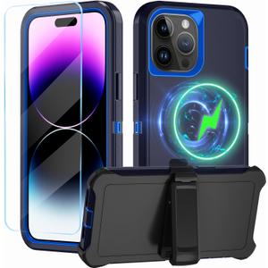 Magnetic for iPhone 14 Pro Case,with Belt Clip,[Compatible with Magsafe] W/Tempered Glass Screen Protector,Anti-Drop,Shockproof,Heavy Duty Protection (Dark Blue)