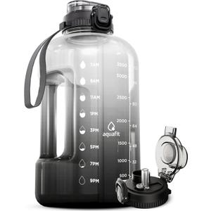 AQUAFIT 1 Gallon Water Bottle with Time Marker - Straw & Chug Lid - BPA Free Gym Water Bottle with Straw - Big Gallon Jug (Midnight Black, 128 oz - 2in1 Lid)