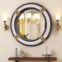 Vercraft Nautical Coastal Mirror 24 Wall Decor with Rope Wrapped Trim and Hanging Loop Round Circle Nursery Mirror Nautical Boho Rustic Decorative for Living Room, Bedroom Blue and White