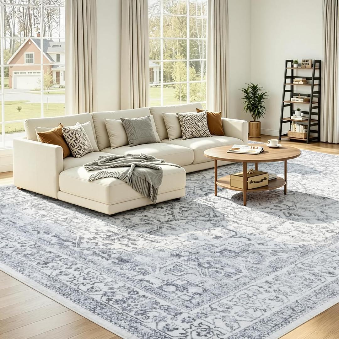 UKISS Washable Area Rugs8'x10' Ultra-Soft Faux Silk Vintage Rug, Large Low-Pile Rugs for Living Room Non-Slip & Non-Shedding Large Carpets for Home/Office Decor Blue