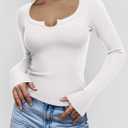 REORIA Womens Long Sleeve Scoop V Neck Shirts Ribbed Knit Slim Fitted Tops Trendy 2025 Fall Basic Tees Going Out Blouse (White, XL)