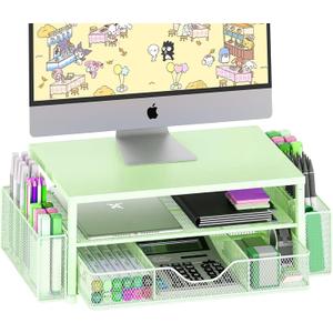 OPNICE Desk Organizers and Accessories, 2-Tier Computer Monitor Stand Riser with Drawer and 2 Pen Holders, Laptop Stand, Office Desk Accessories for Office Supplies, Green