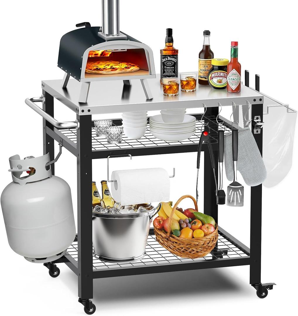 M METERXITY Stainless Steel Pizza Oven Table for Ooni, 650lbs Outdoor Grill Cart with Wheels and Handle, 32"x 24" Three-Shelf Food Prep Cart for Griddle, Movable Outdoor Pizza Cart