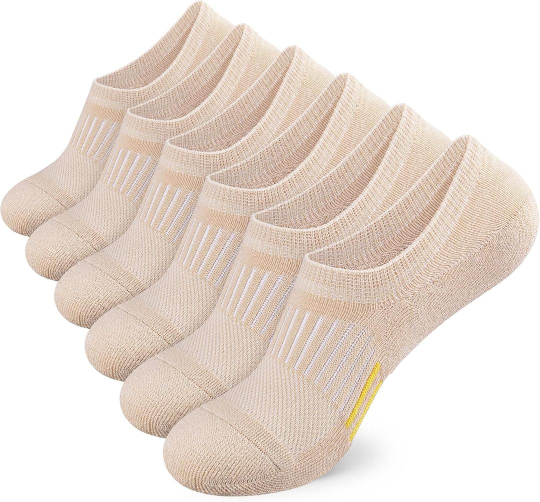 Airacker No Show Socks Womens Athletic Cushioned Low Cut Sports Running Ankle Socks for Women 6 Pairs (5-8, Beige)