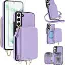 Asuwish Phone Case for Samsung Galaxy S22 5G Wallet Zipper Handbag Cover and Screen Protector Crossbody Lanyard Strap 2-in-1 Magnetic Detachable Compatible with MagSafe RFID Blocking Flip S 22 Purple