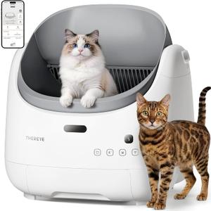 Thereye Self Cleaning Cat Litter Box, Open Top Automatic Litter Box for Multiple Cats, APP Control Smart Litter Box, Safety Sensors and Odor Control, Adjustable Entry Height Anti-Splash