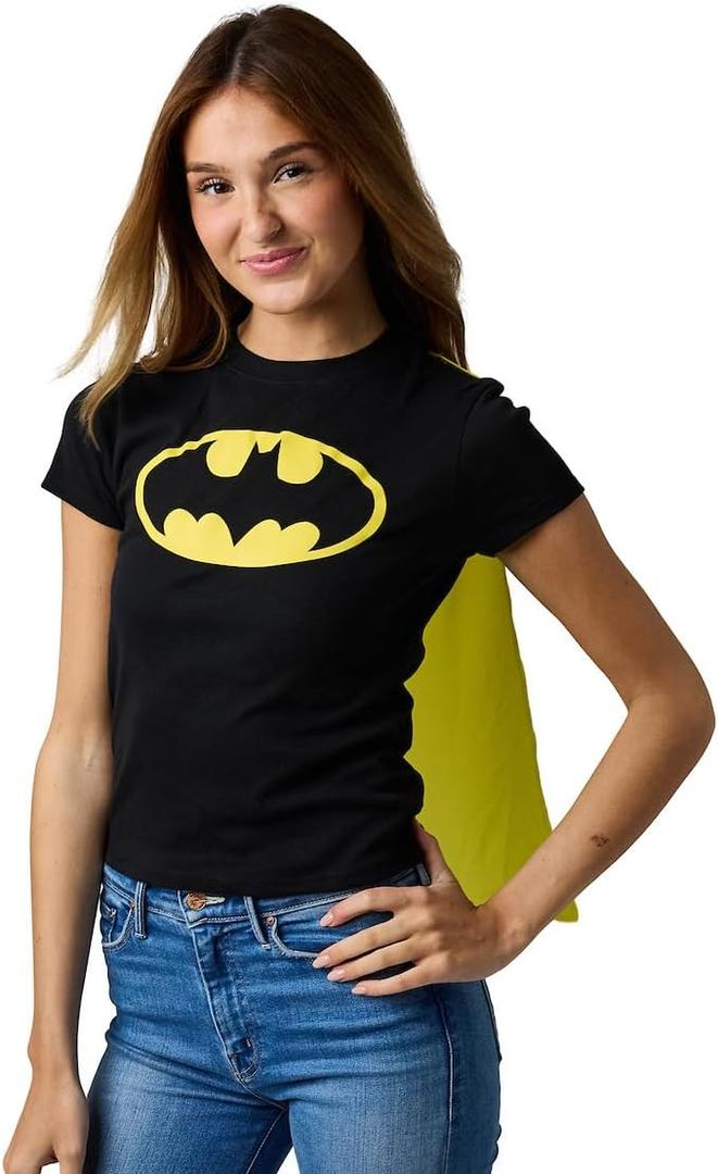 DC Comics Batman Junior's Black Crew Neck Short Sleeve Caped Tee (X-Large)