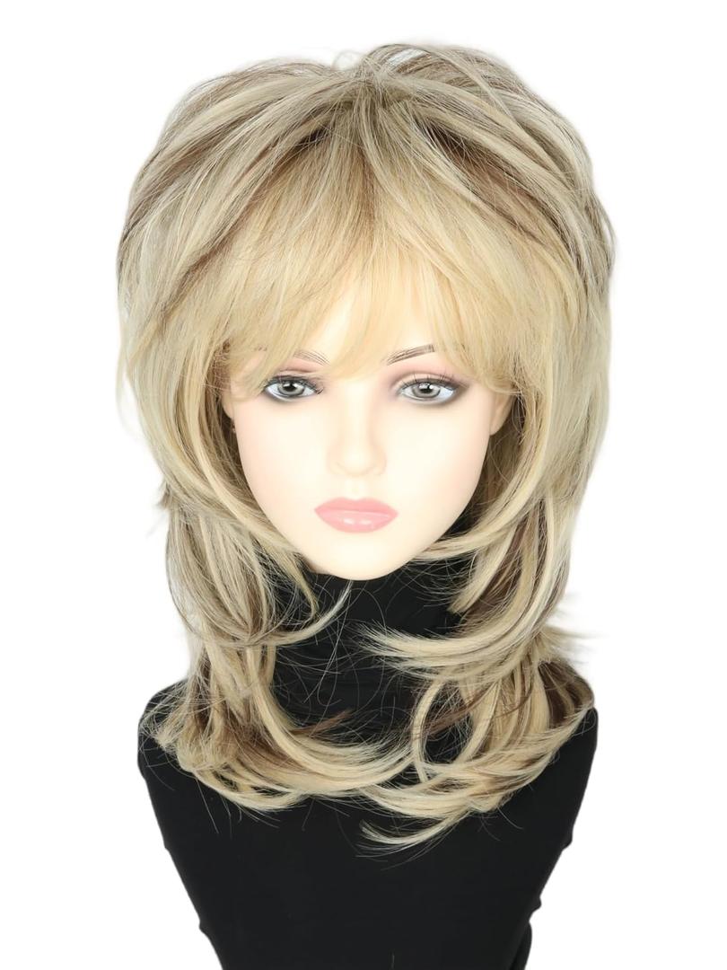 Unisex Long Fluffy Laminated Natural Straight Hair Wave Curl Wigs for 70s 80s Rock Mullet Wig Halloween Costume Cosplay Party Wig (Brown/Blonde)