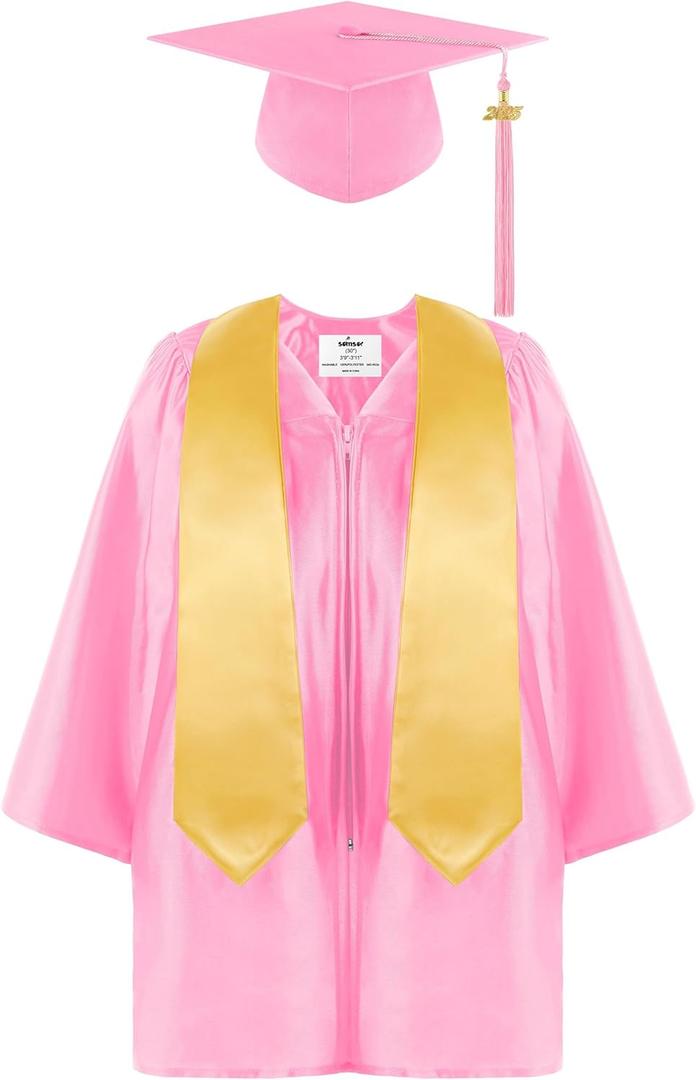 SOMSOC 4 Pieces Kindergarten Graduation Gown Grad Cap Set for Kids Preschool Nursery Graduation Stole Gown with 2025 Tassel (Small, Pink)