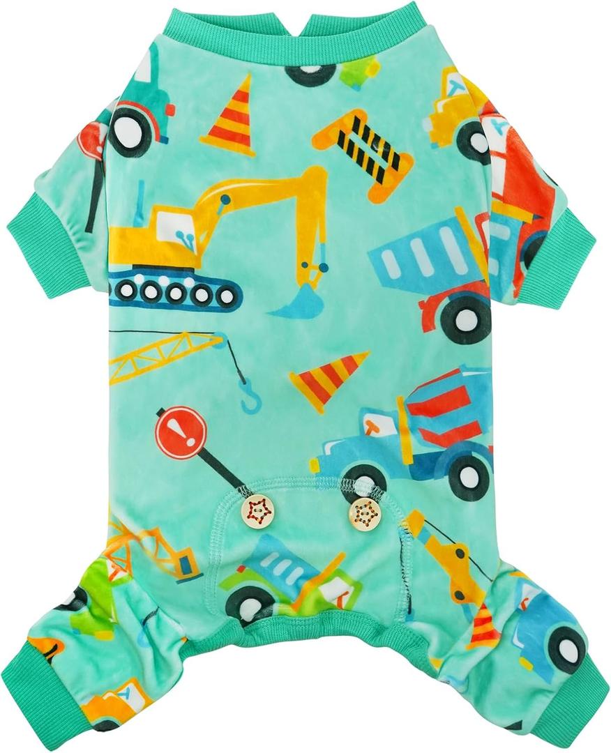 KYEESE Dog Pajamas Stretchy Pet Jammies Coat Comfy Pet Onesie Costume Velvet Dog Pajamas Small Sized Dogs Soft Dogs Clothes Pjs with Construction Vehicles Pattern, Large, 15-25lbs)