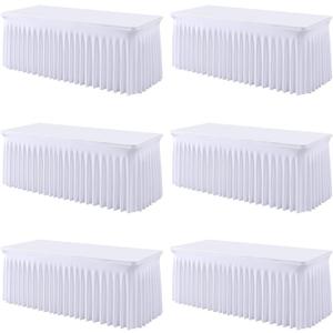 6 Pack White Spandex Fitted Tablecloth 6 Foot - Stretch Table Clothes for 6 FT Rectangle Table, Washable Ruffles Elastic for Weddings, Buffet, Banquet, Trade Craft Show, Party Celebration