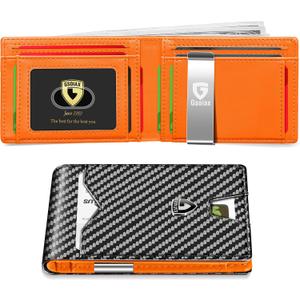 GSOIAX Mens Slim Wallet for Men Minimalist Genuine Leather Carbon Fiber Rfid Blocking Bifold Credit Card Holder With Gift Box (Carbon and Orange -money clip)