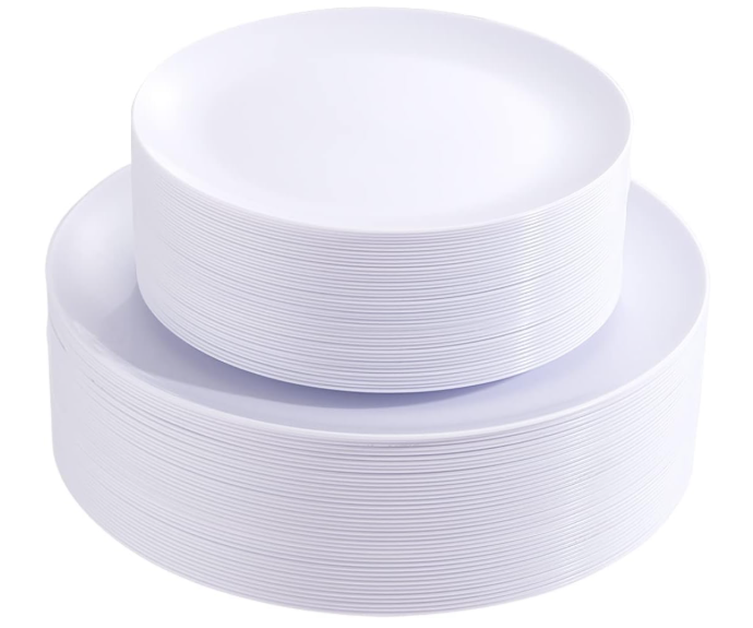 PULOTE 100PCS White Plastic Plates Disposable - Heavyweight 50 White Dinner & 50 Dessert/Salad Plates for Wedding, Party
