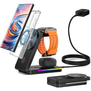 3 in 1 Magnetic Wireless Charger for Samsung, Foldable MagSafe Wireless Charging Station for Samsung Galaxy S25 Ultra/Z Fold7/Flip7/S24, Watch Charger for Galaxy Watch Ultra/8/7/Buds (for Travel) (Black)