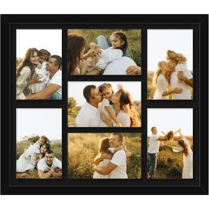 4x6 Picture Frame Collage for Wall, Display 7 Pcs 4x6 Photos with Mat or 12x14 Without Mat, 7 Opening Photo Frame for 4 x 6 Pictures with Shatter Resistant Plexiglass, Black Mat, Black