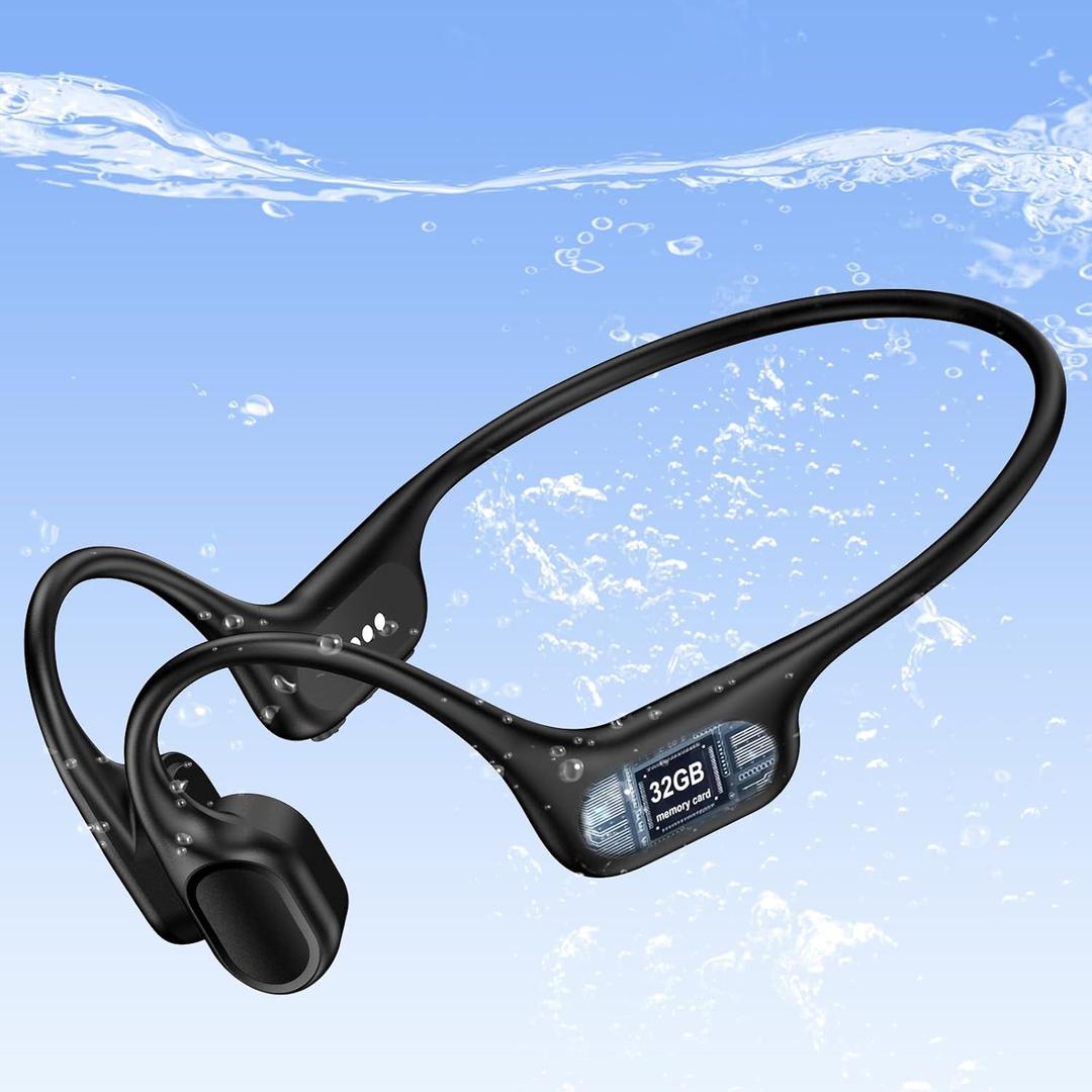 IP68 Waterproof Swimming Headphones, Bone Conduction Liquid Silicone Bluetooth Headphones, Built-in 32GB MP3 Player, Soft and Lightweight Open-Ear Design for Swimming/Marathons/Showers/Cycling (Black