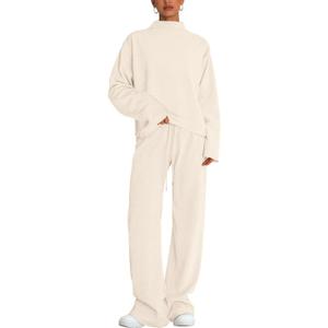 PRETTYGARDEN Women Spring Sweatsuits Two Piece Sets Mock Neck Long Sleeve Knit Tops Wide Leg Pants Lounge Set Travel Outfits (Large, Beige White)