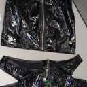 Women's Shiny Faux Leather Set Front Zipper Wet Look Crop Top and Booty Shorts for Dance Rave Club Party, XL, black