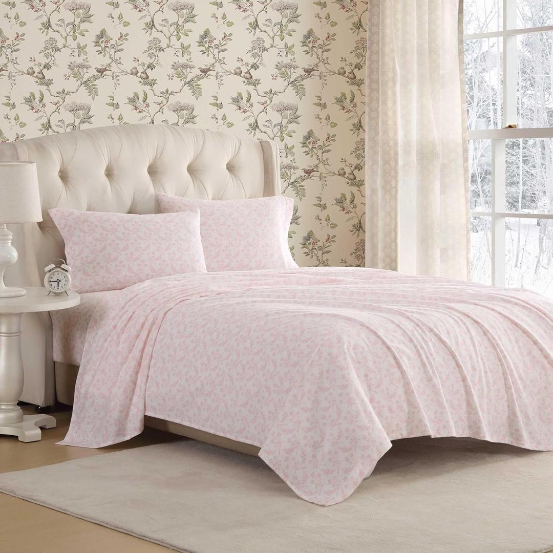 Laura Ashley - Flannel Sheets Full Size, Anti-Pilling & Wrinkle Resistant Cotton, Touchably Soft for All-Season Comfort - Bed Sheets with Matching Pillowcases & Fitted Sheet (Antoinette Pink)