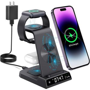 Wireless Charging Station, YiJYi 3 in 1 Watch Charger Stand with Digital Clock Suitable for iWatch SE/6/5/4/3/2/1,AirPods Pro, for iPhone 16/15/14/13/12/11 Pro Max/XS/XR/X/8/Samsung S23/S22/S21