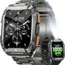 Military Smart Watches for Men, 1.95'' Smart Watch with 100 Days Battery/Flashlight, Fitness Tracker Watch with Heart Rate/Sleep Monitor/100+ Sports Mode,5 ATM Rugged Smartwatch for Android and iPhone (Black+Stainless Steel)