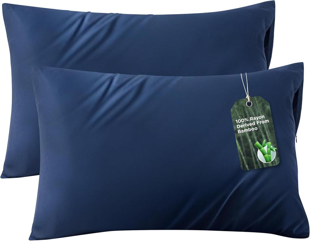 Bedsure Zipper Pillow Cases Queen, Cooling Pillow Cases Queen Size Set of 2, Rayon Derived from Bamboo Cooling Pillowcases for Hot Sleepers, Soft & Breathable Pillow Covers, Navy Blue, 20x30 Inches