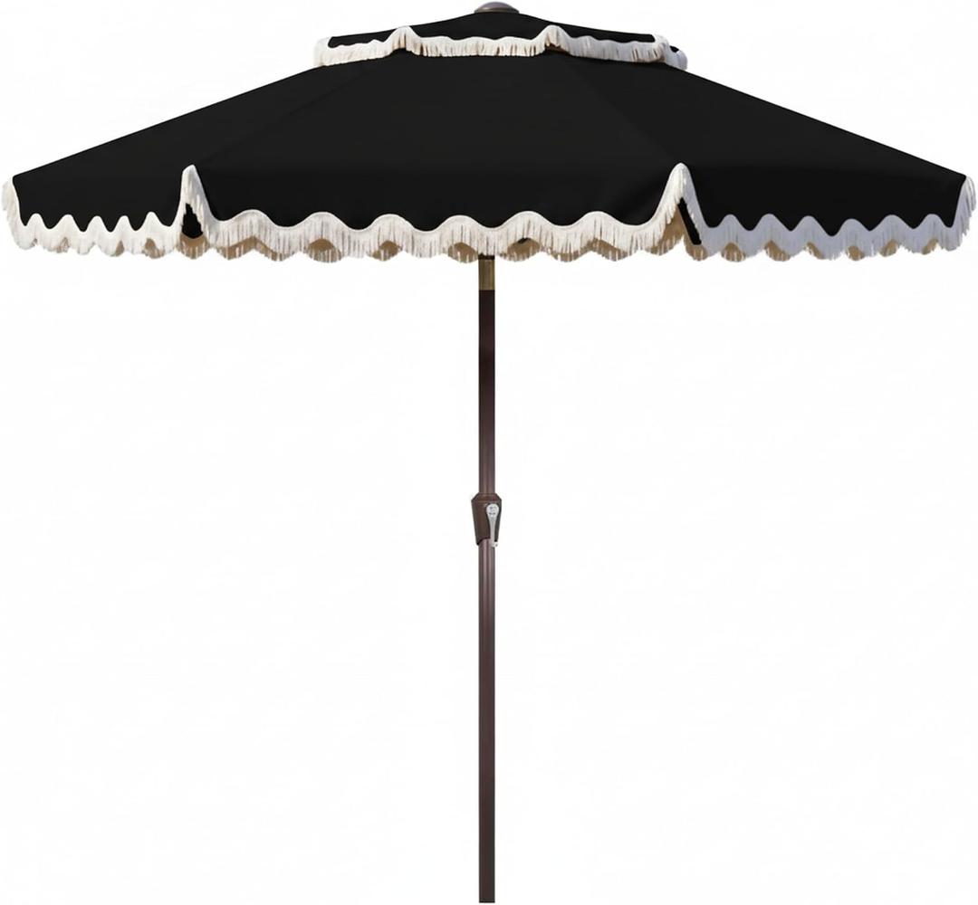 9FT Patio Umbrella with Fringe,Tassel Umbrella with Push-Button Tilt | UPF 50+ & Rust-Resistant Fiberglass Frame for Patio, Pool,Garden,Yard(Black)