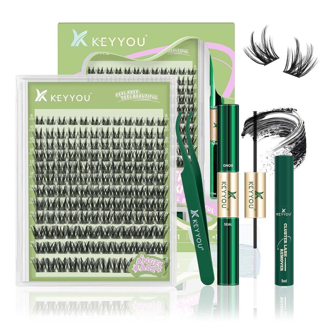 KEYYOU Lash Extension Kit 144Pcs Angel Lash Clusters Kit Thick Eyelash Extension Kit with Glue and Seal,Tweezers,Remover for DIY lash extension kit at HomeKit-Angel A02-D-8-18MIX