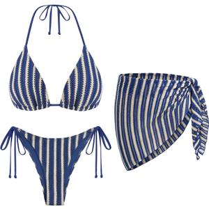 Women's 3 Piece Sexy Triangle Crochet Bikini Set - Halter Tie Side Swimsuit with Cover Up for Beach Vacation 2026 (Blue, L)