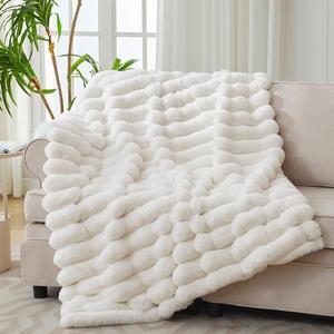 VFROO Faux Fur Throw Blanket for Couch,Cozy Soft Plush Thick Striped Luxury Blanket for Sofa Living Room Bedroom,50 * 60 Inches, White