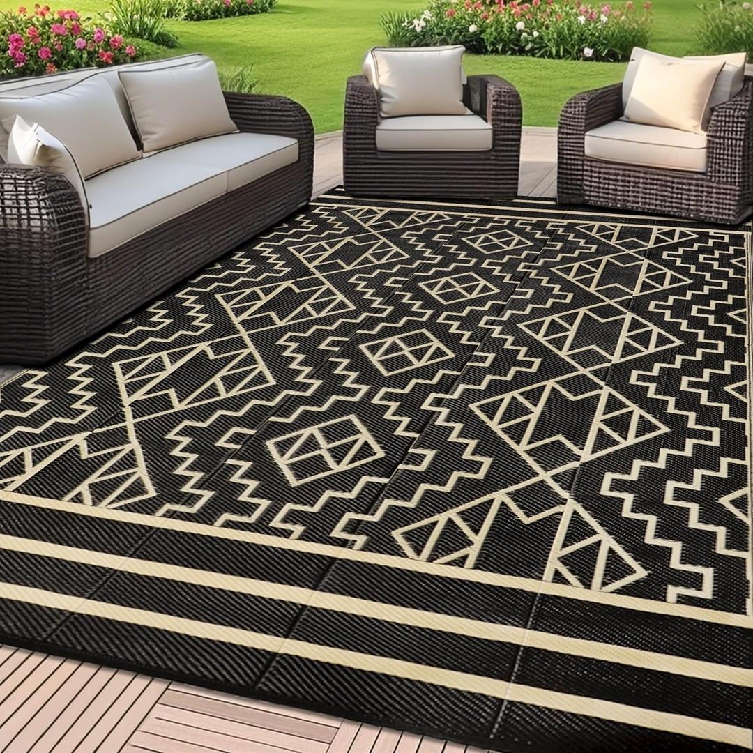 SAND MINE Reversible Mats, Plastic Straw Rug, Modern Area Rug, Large Floor Mat and Rug for Outdoors, RV, Patio, Backyard, Deck, Picnic, Beach, Trailer, Camping (6' x 9', Black & Beige)