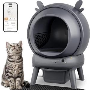 Automatic Self Cleaning Litter Box, Cat Litter Box with APP Control, 65L Globe & Dual Safety Sensors, Robot Litter Box, 1 Roll Garbage Bags and Litter Mat, <35DB, for Multiple Cats, Grey