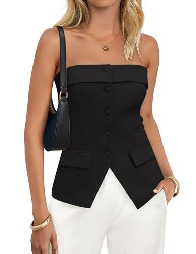ZESICA Strapless Blazer Vest for Women 2026 Summer Going Out Sleeveless Button Down Dressy Tube Vest Tops Trendy Waistcoat,Black,XL