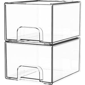 Yieach 2 Pack Clear Stackable Storage Drawers,4.4'' Tall Acrylic Drawer Containers for Organizing,Bathroom Organizers and Storage Bin Box,Plastic Makeup,Medicine Organizer Bins for Cabinet,Undersink