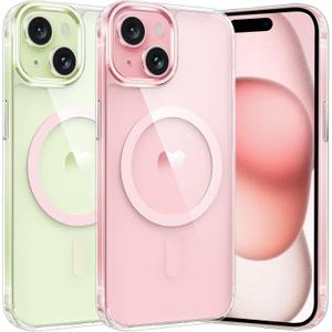 FNTCASE for iPhone 15 Plus Case: Clear Magnetic Phone Cases Compatible with Magsafe Slim Anti Yellowing Military Grade Drop Protection Rugged Protective Transparent Cell Phone Cover (C-A Pink)