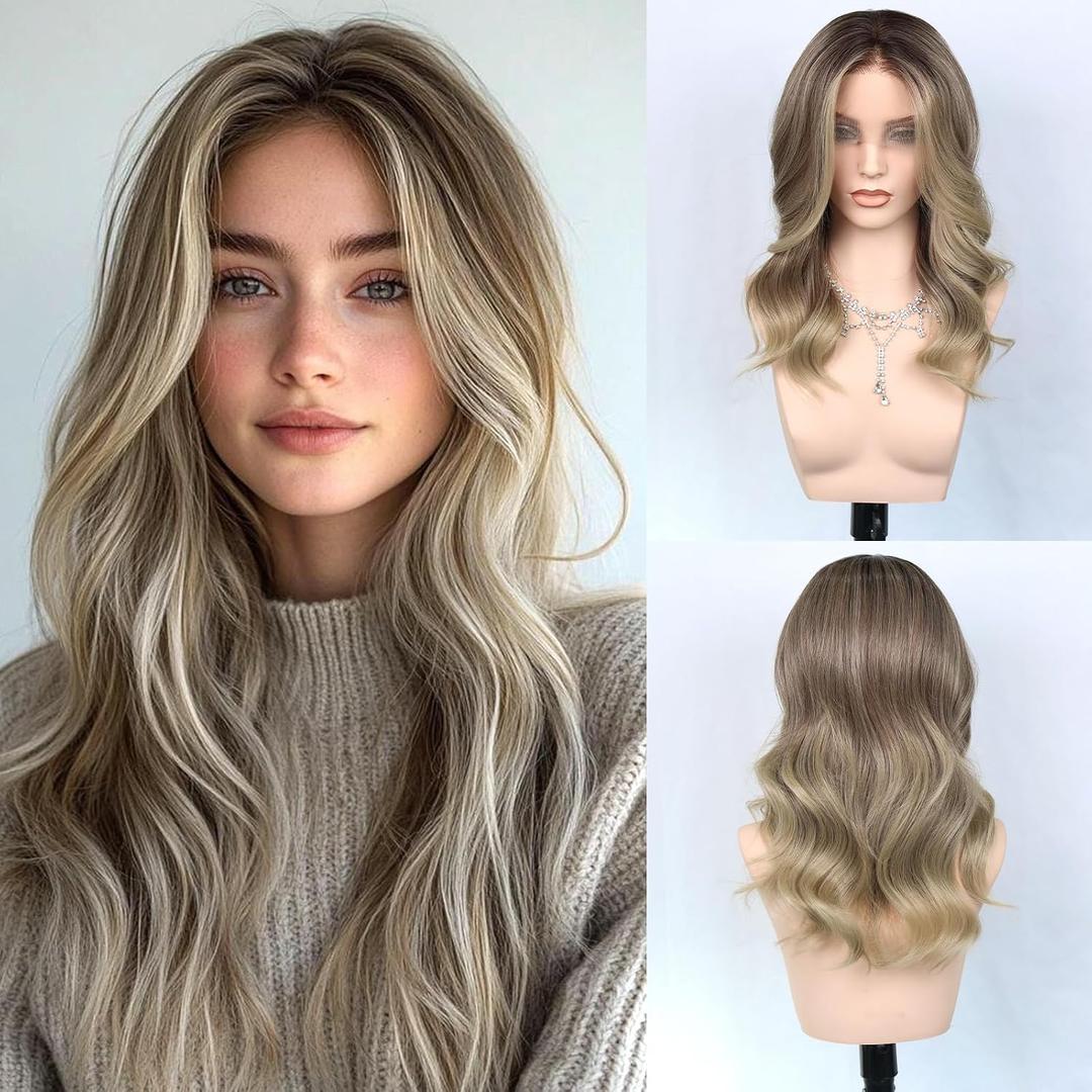 20 Inch Synthetic Lace Front Wig for Women 13x4 Lace Glueless Wavy Ash Brown Wig with Beach Blonde Highlights Pre-Plucked Natural Hairline Heat-Resistant Long Wavy Wig for Realistic Look