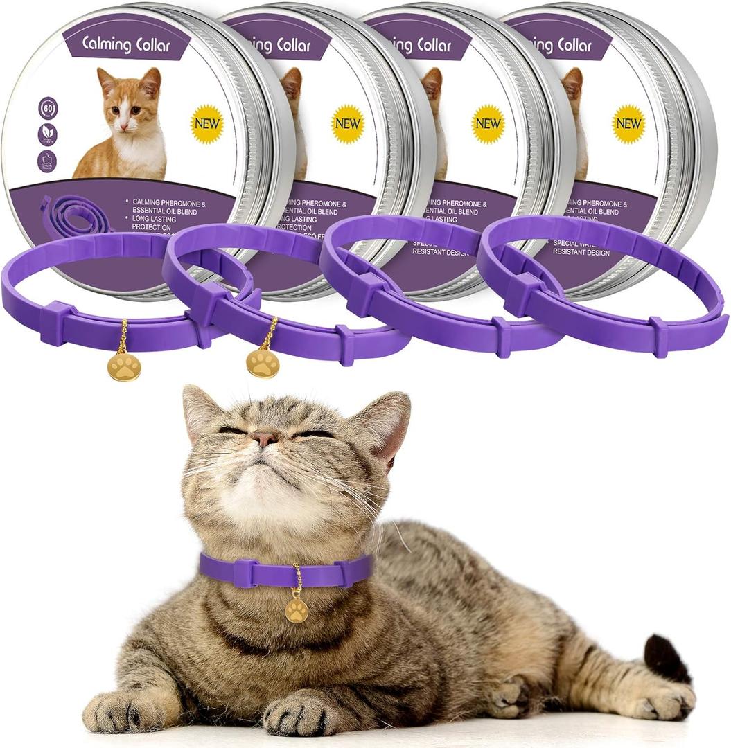 Weewooday 4 Pcs Cat Calming Collar Adjustable Pheromones Scent Relaxing Cat Collar with 2 Pendant for Puppies Reduce Stress Aggression Anxious, up to 15 Inches (Purple, Gold)