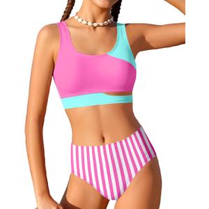 Girls Swimsuit Stripe Bathing Suit Color Block Sporty Bikini Swimsuits Swim Cover Up Skirt 3 Piece Set (7-8 Years)