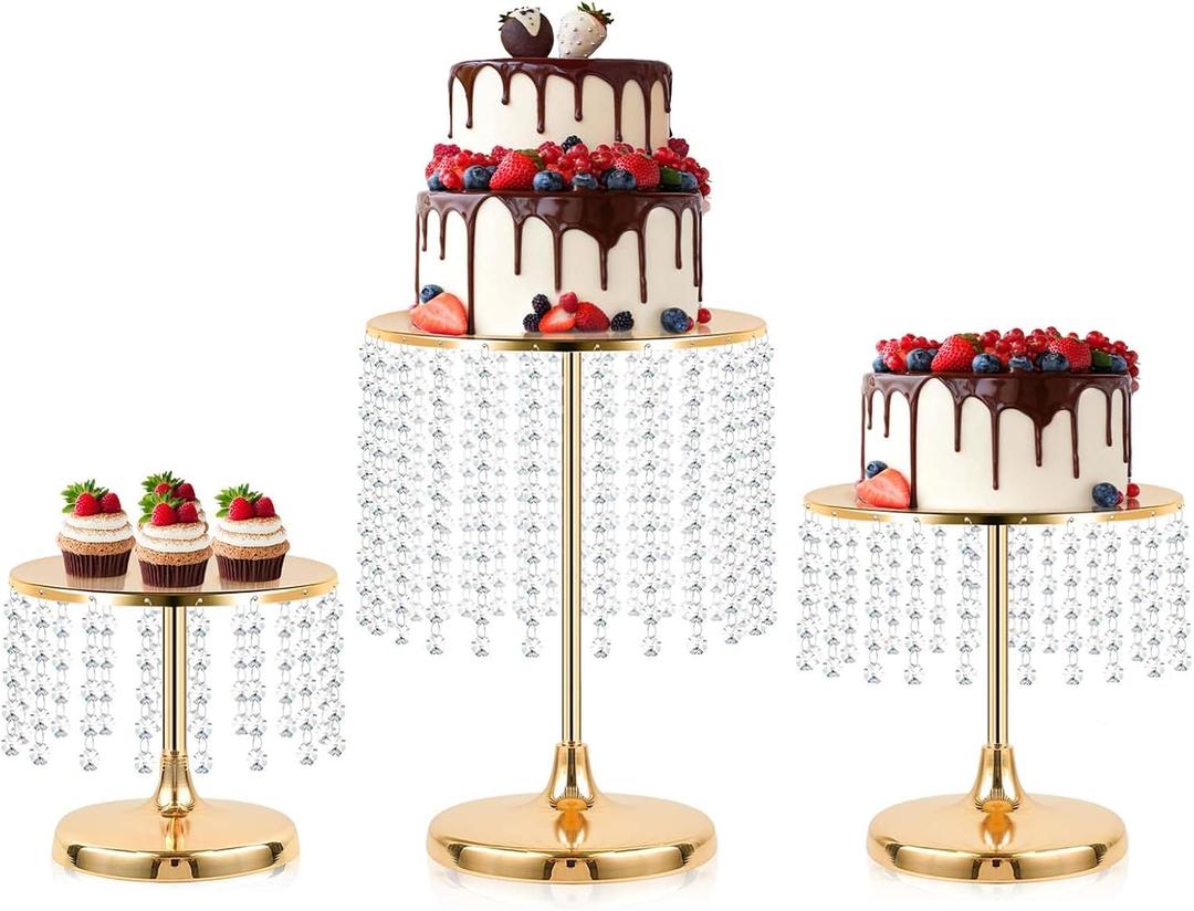 Metal Mirror Cake Stand Set with Crystal Pendants - Elegant Dessert Table Display for Weddings, Birthday Parties, Baby Showers, Events - Sturdy Crystal Bling Cupcake Stands for Pastries, Sweets, Decorations (Gold, Set of 3)