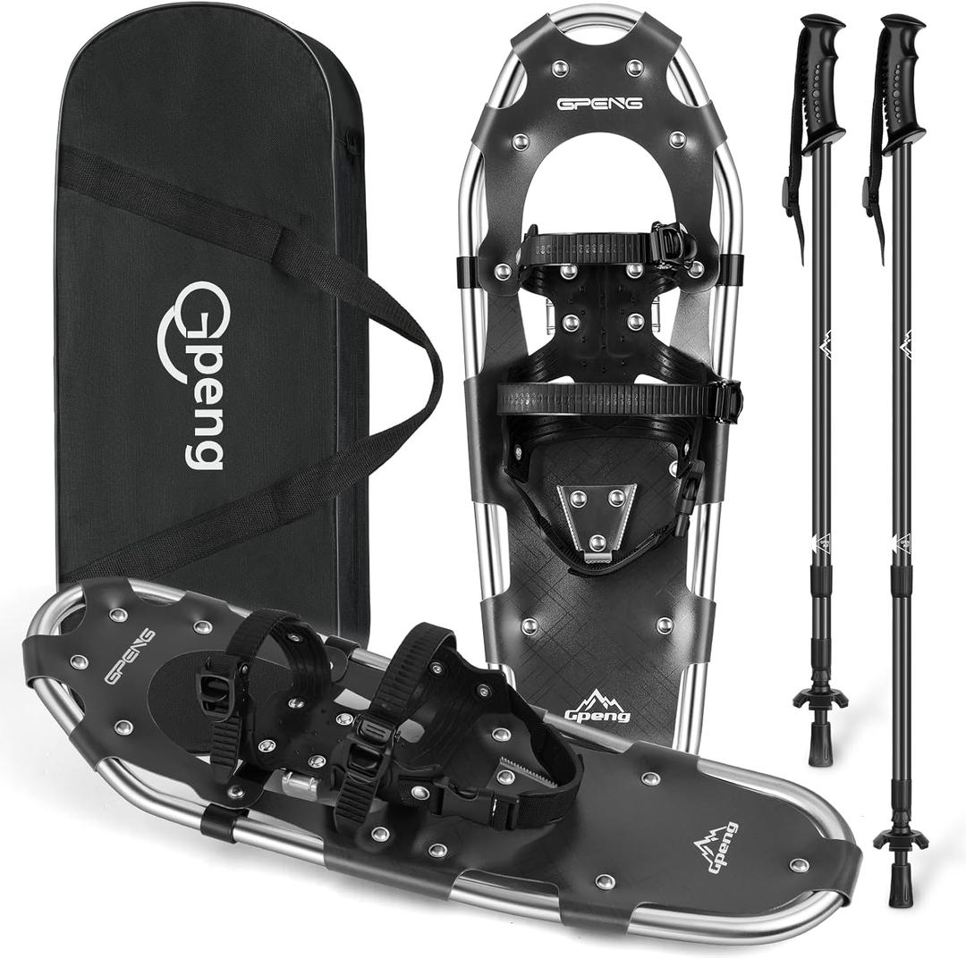 Upgraded 3-in-1 Xtreme Lightweight Terrain Snowshoes with Crampon Protector for Men Women Youth Kids, Aluminum Alloy Terrain Snow Shoes with Trekking Poles and Carrying Tote Bag, Black, 25"
