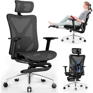 GABRYLLY Ergonomic Office Chair with Adjustable Lumbar Support, 3D Armrests & Headrest, 135 Reclining Chair with Footrest & Large Steel Base,300LBS Swivel Desk Chair(GYMN01) (Black)