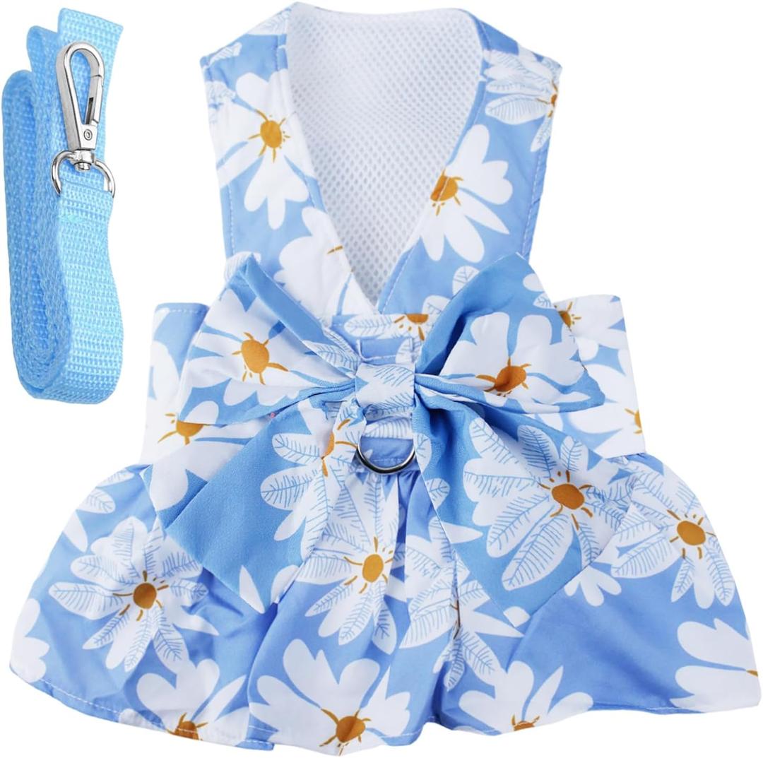 Dog Dress Bowknot Harness Leash Set for Dogs Blue Daisy Floral Dog Cat Clothes Cute Puppy Outfits Pet Clothes Spring Summer Breathable Dresses, XXS